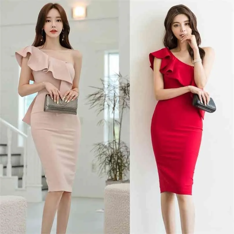 Schulter Damen Figurbetontes Kleid für Frauen Sommer Korea Rüschen ärmellos unregelmäßiger Ausschnitt Leinen Büro Party Kleider 210602