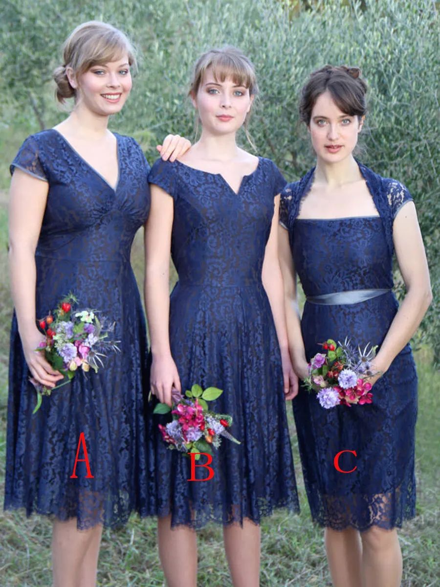 Högkvalitativ Navy Blue Bridesmaid Dresses Mix Styles Lace Spring Summer Garden Countryside Maid of Honor Gowns Bröllop Gäst skräddarsydd Plus Storlek Tillgänglig