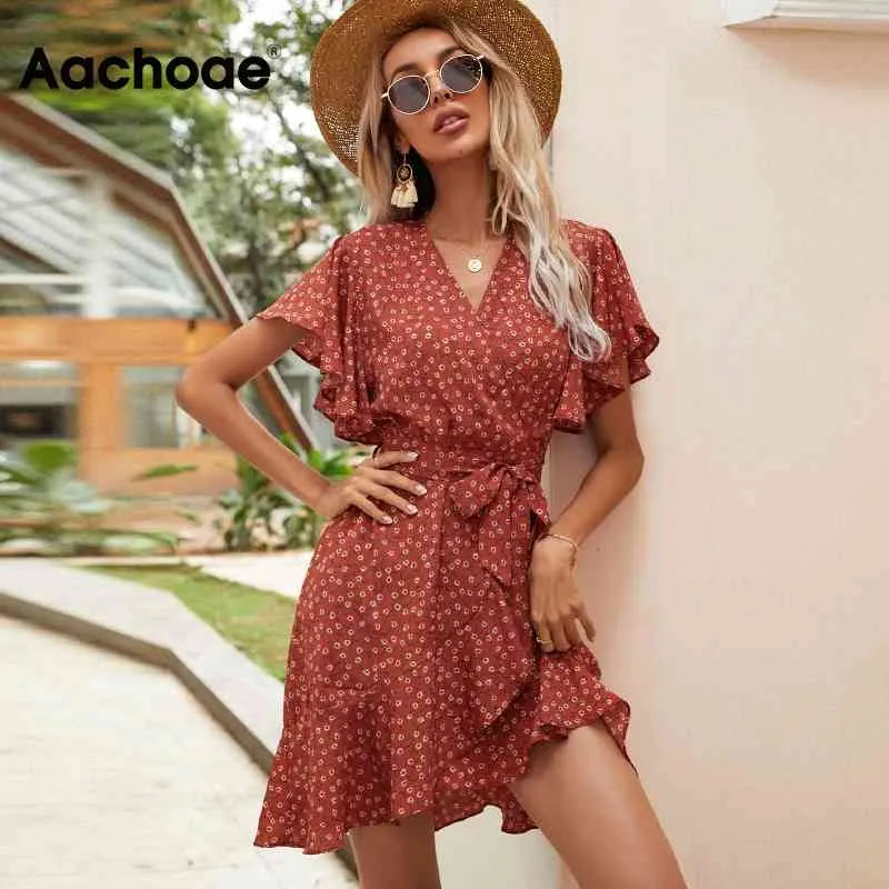 Bohemian Floral Print Mini Women V Neck Holiday Casual Dress Manica corta Abiti da spiaggia larghi Abiti Mujer 210413