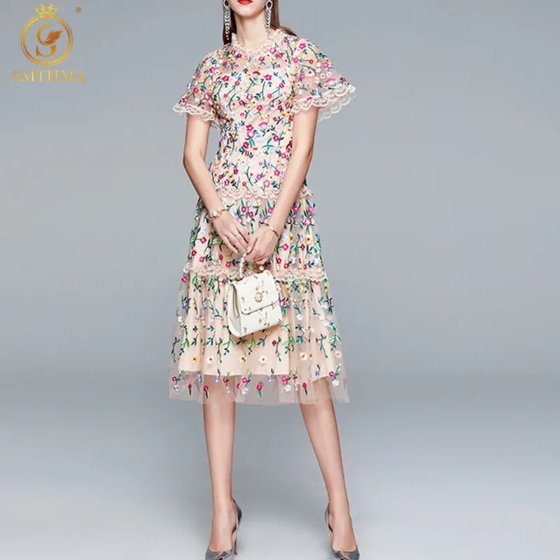 Fashion Runway Summer Dress Women's Short Sleeve Mesh Flowers Embroidery Slim Elegant Dresses Vestidos 210520