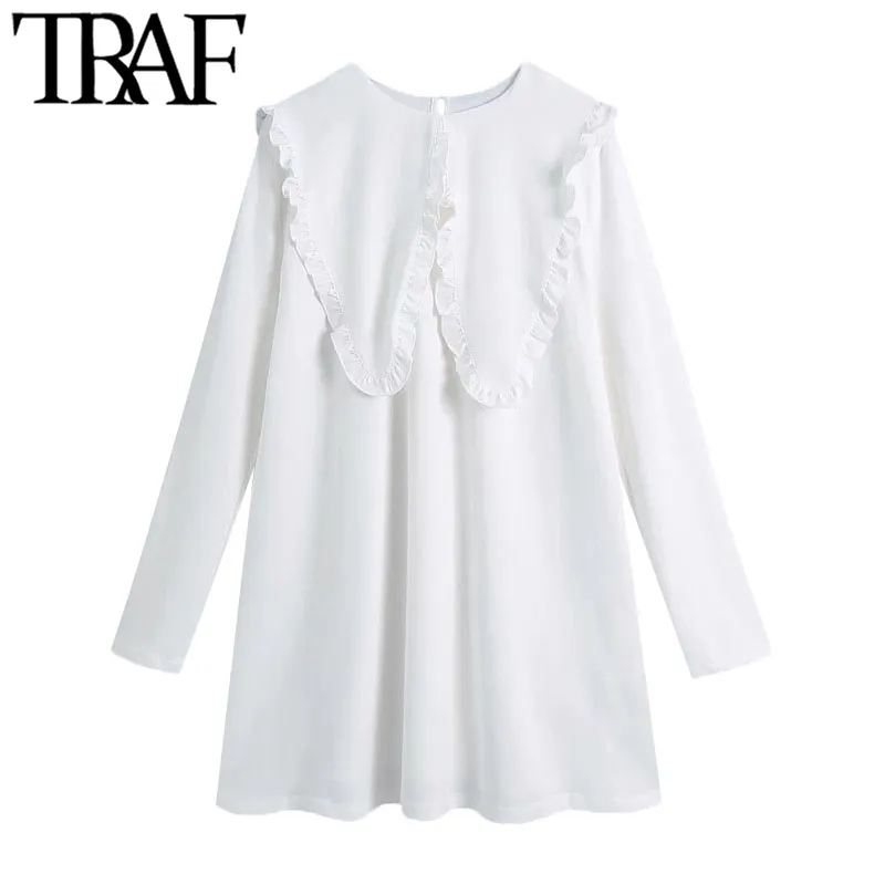 TRAF Women Sweet Fashion With Ruffle Trim White Mini Dress Vintage Big Collar Long Sleeve Female Dresses Vestidos Mujer 210415