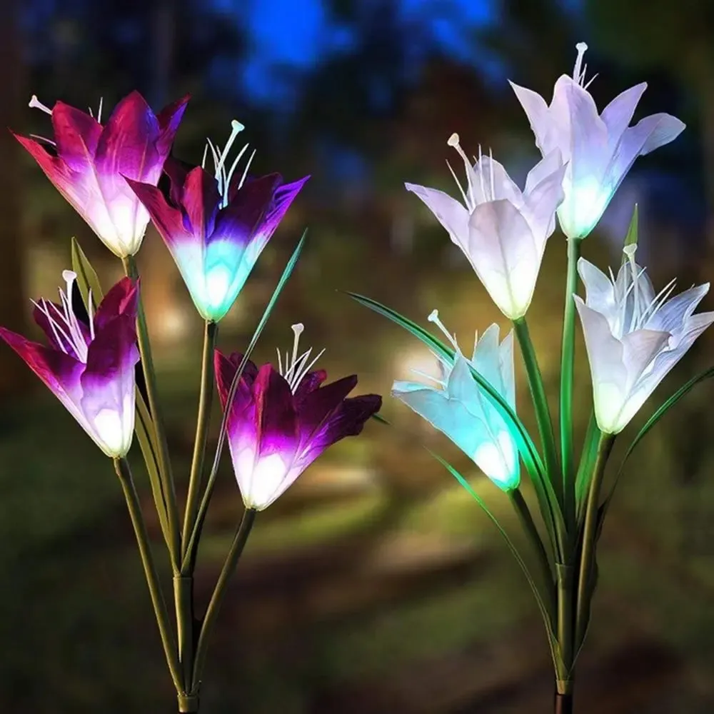 2pcs énergie solaire 4 LED lis fleur s'allume multicolore changeant extérieur jardin patio cour pieu lampes