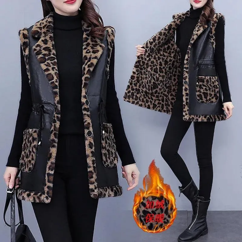 Forrida feminina Faux Winter Winter Plus Vest Vest Veste de Veludo Moda Leopard-Print Mid-Length Revestimento Solto Quente imitação de jaqueta sem mangas