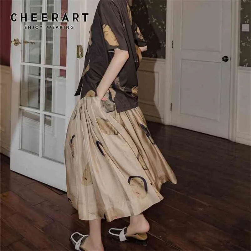 CheerArt Ukiyoe Vintage Long Midi Skirt Womens High Waist Skort Estetic A Line Japanese Summer Fashion 210621