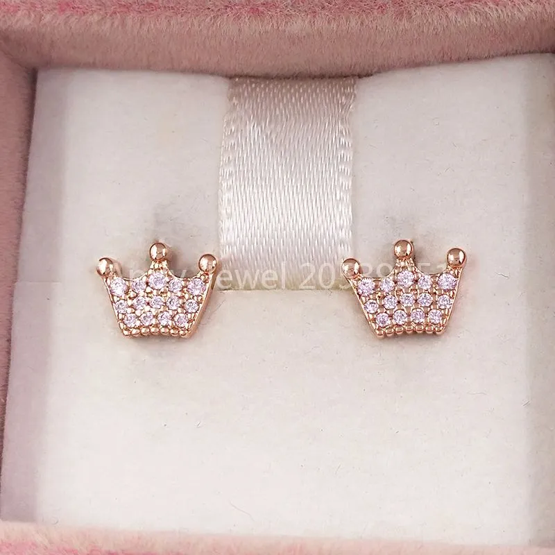 Andy Jewel Authentic 925 Sterling Silver Studs Pink Enchanted Crowns Stud örhängen Passar europeiska Pandora Style Studs Jewelry 287127NPO