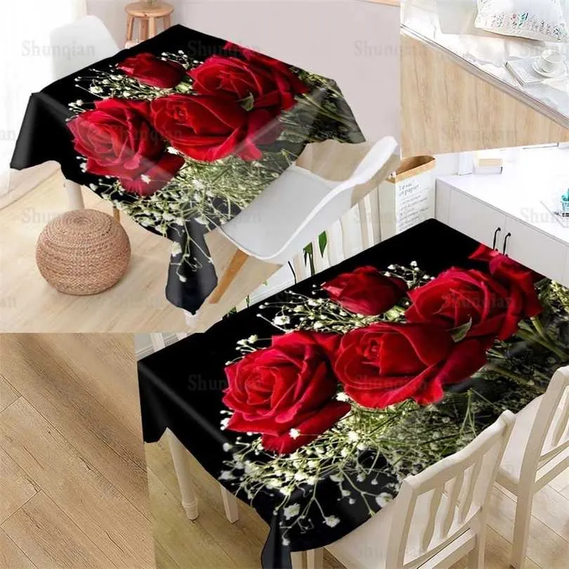 Custom Flower Rose Table Cloth Oxford Print Rektangulär Vattentät Oljebeständig täckning Kvadratisk Bröllopsklänning 211103