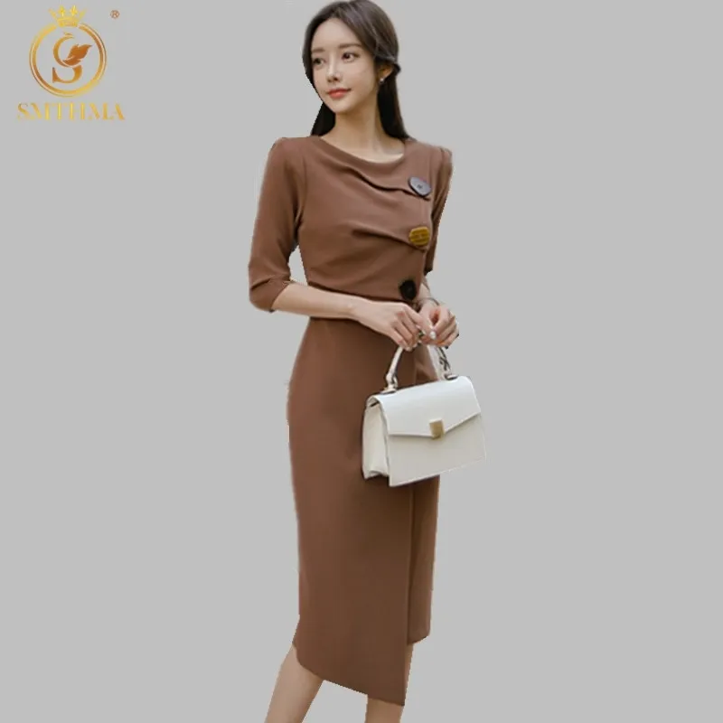 Korea Elegant Summer Dress Women Casual Half Sleeve Asymmetrical Office Lady Runway Designers High Fashion Vestidos 210520