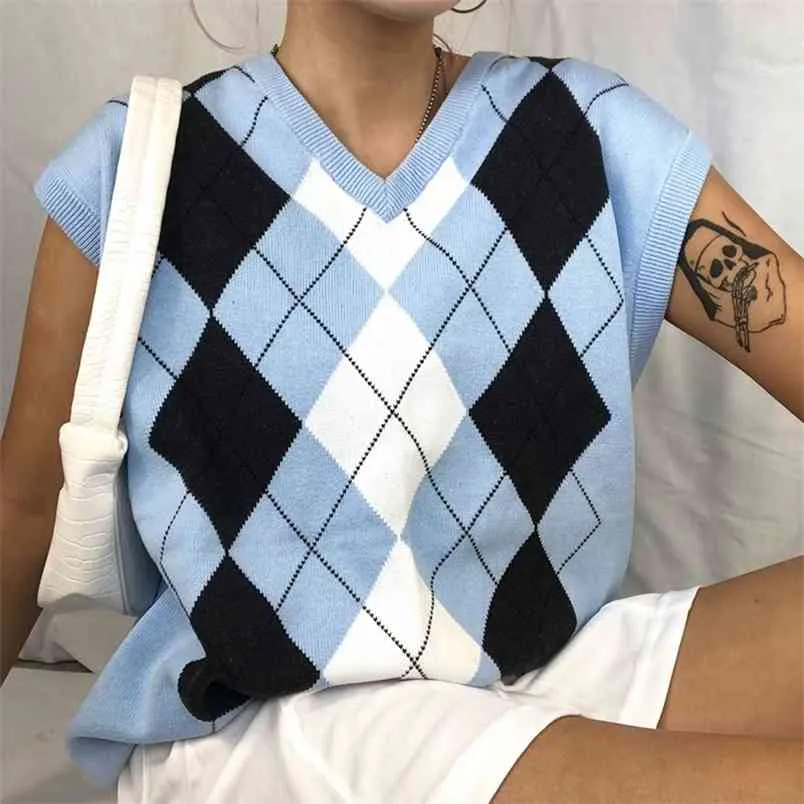 Oversize Argyle Patroon Gebreide Trui Vest Dames Streetwear V-hals Vintage Plaid Y2K Top 90s Losse Knitwear Outfit Vrouw 210510