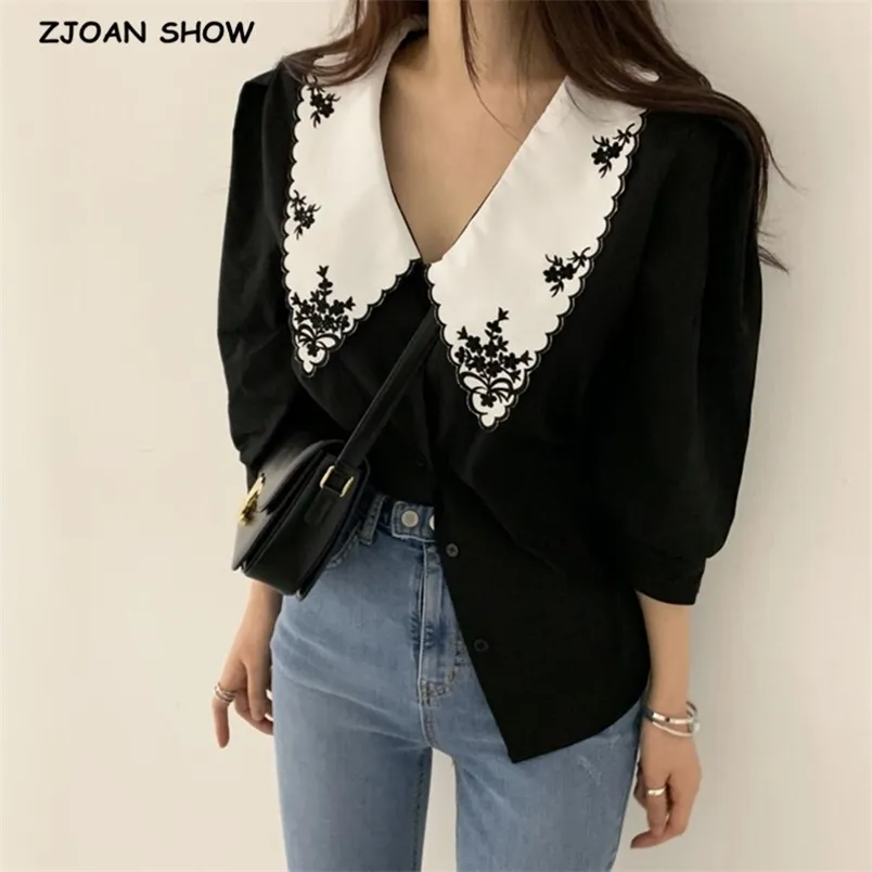 Vintage Contrast color Wave Line Lapel Collar Embroidery Shirt CHIC Puff Sleeve Women Blouse Tops Korean Clothes 210429