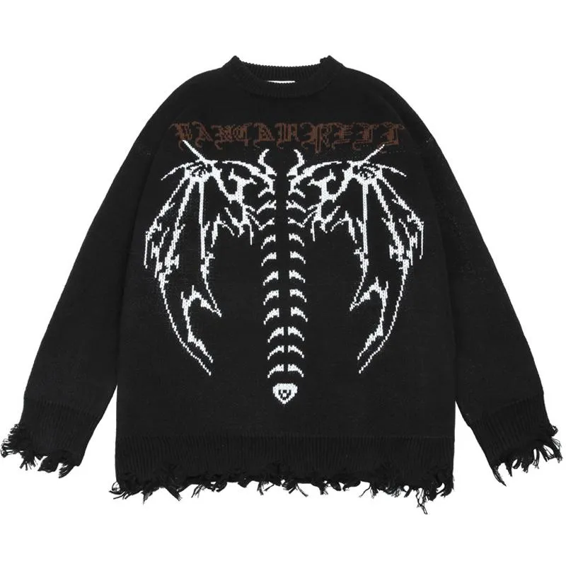 Mäns Tröjor Amerikanska Streetwear Thorns Skeleton Print Ripped Gothic Sweater Pullover Men Hip Hop Loose Autumn Unisex Harajuku Stickad Jum