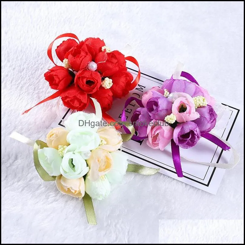 50pcs/set Wedding Wrist Flower Bridesmaid Sisters Wrist Corsage Decorative Flower Bridal Prom Hand Simulation Flowers Bracelet HHA772