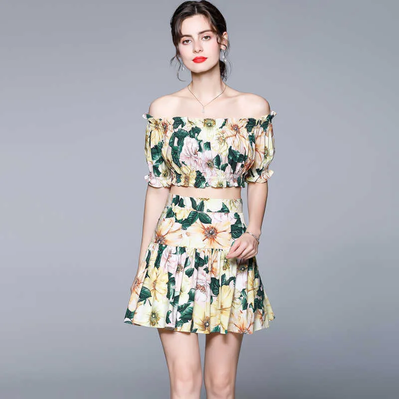 Conjunto de dos piezas con estampado Floral amarillo elegante de diseñador de verano para mujer, Top de manga abullonada con hombros descubiertos Sexy para mujer + Mini traje de falda 210525