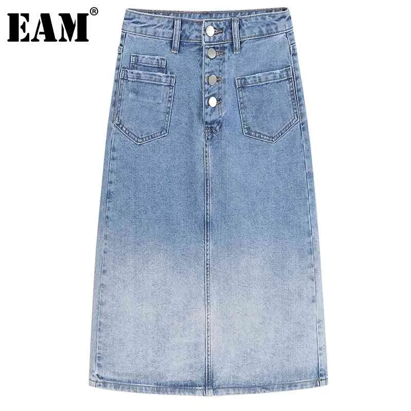 [EAM] Gonna mezzo busto a vita alta blu colore graduale lungo denim temperamento donna moda primavera estate 1DD8750 210512