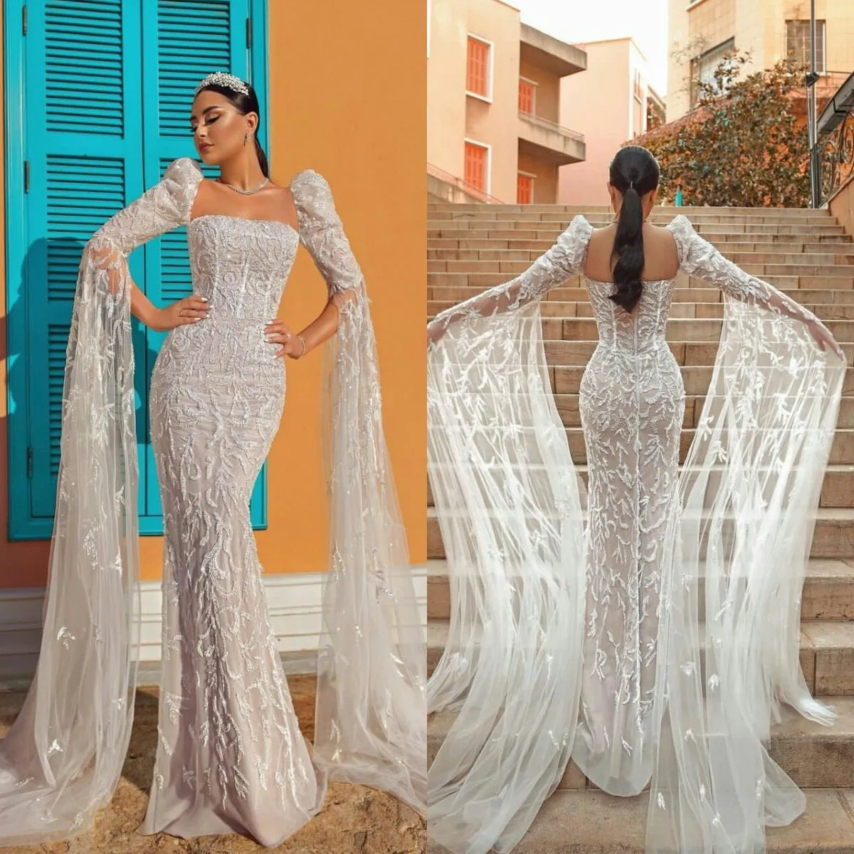 Fashion Mermaid Wedding Dress Glitter Long Sleeve Lace Appliques Bridal Gowns robes de mari e Beach Bride Dresses