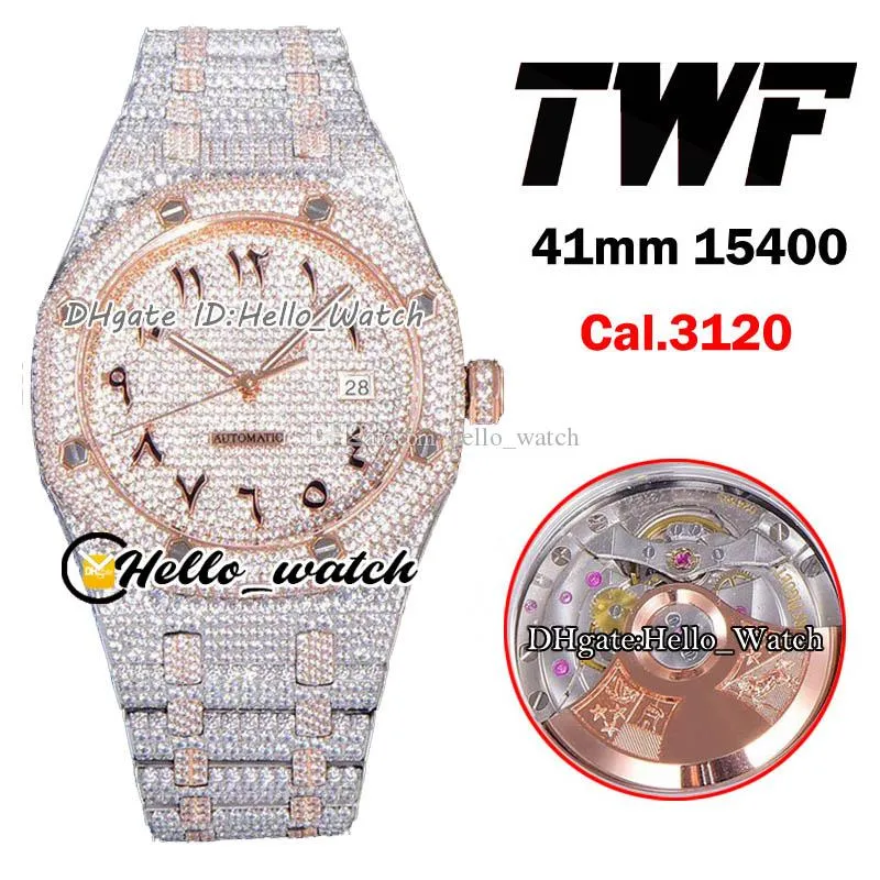 Schmuckuhren TWF Gypsophila Zifferblatt 15400 Cal.3120 RF3120 Automatik-Herrenuhr, zweifarbig, Roségold mit Pavé-CZ, vollständig vereister Diamant, arabische Markierungen, Bling Hello_Watch