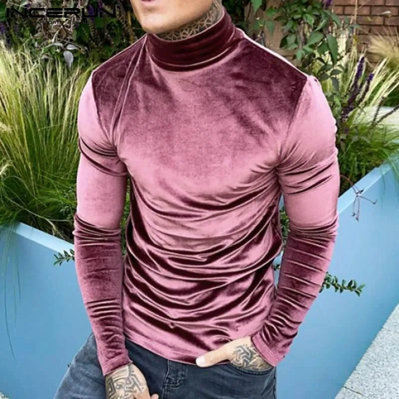 Men's T-Shirts INCERUN Fashion Men T Shirt Velour Solid Color Turtleneck 2021 Long Sleeve Cozy Tee Tops Undershirts Streetwear Casual Camise
