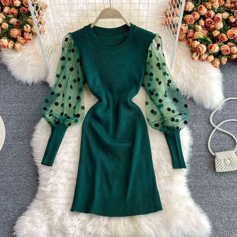 Automne élégant vert robe en tricot hiver nouveau col rond longue maille vague point couture sac de fond robe de hanche robes tricotées élastiques Y1204