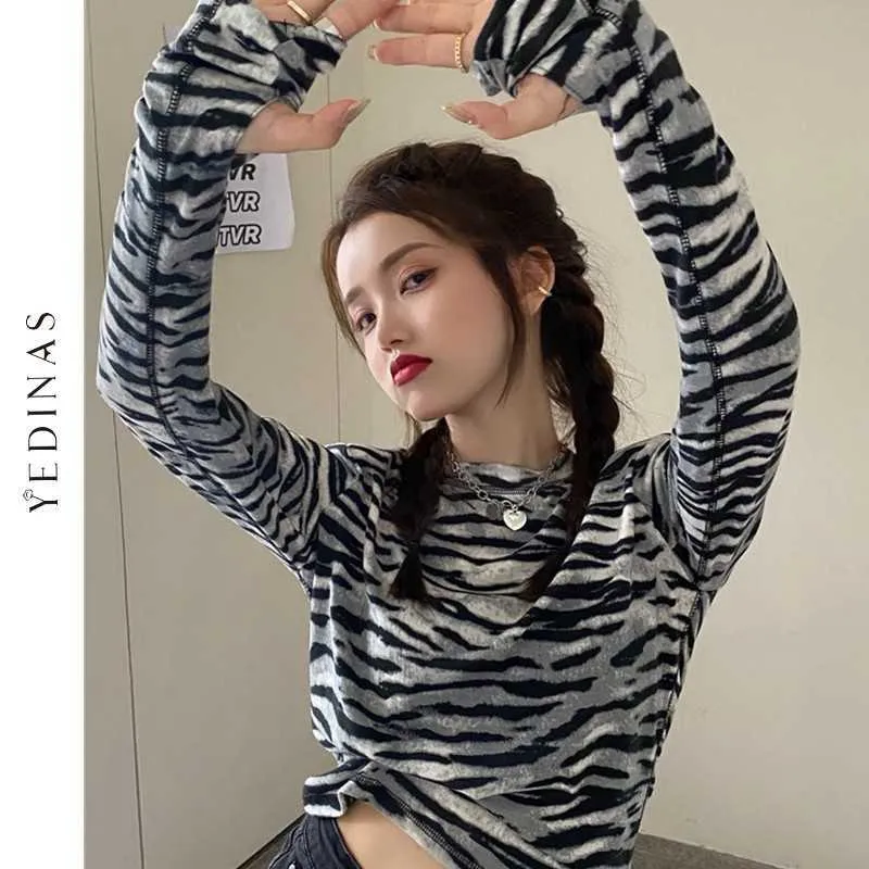 Yedinas Sexy Crop Top Dames Lange Mouw Harajuku T-shirt Vintage Leopard Graan T-shirt Koreaanse stijl Tops Hip Hop T-shirt 210527