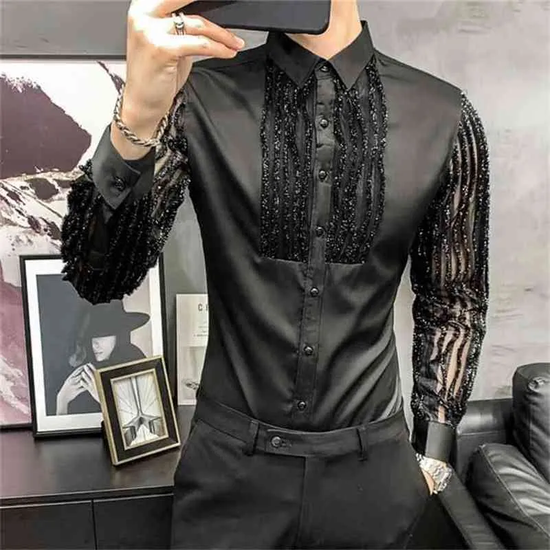 고품질 투명한 남자 셔츠 긴 소매 클럽 파티 사회 블라우스 슬림 맞는 럭셔리 드레스 Camisa Masculina 210809