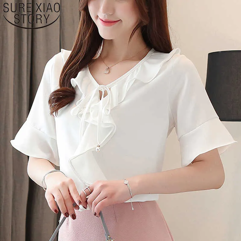 Elegant Blusa Verano Mujer Summer Short Sleeve Style Solid Chiffon Flounced Bow Loose-Fit Women Blouse Feminine Tops 8639 50 210527