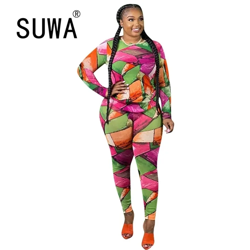 Geometria Impresso Jogger Mulheres 2 Piece Set Manga Longa Túneica Túnica Cintura Alta Calças de Calças Primavera Outono Estracete Estilo 210525