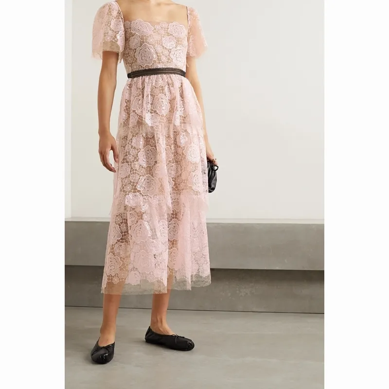 Elegant Vintage Rose Flower Self Portrait Pink Midi Lace Midi Dress for Women's Summer Parties and Birghday Nights (210603)