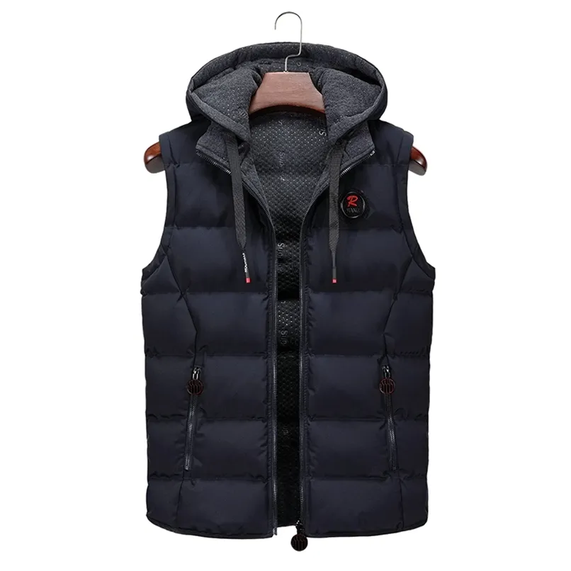 brand Vest Mens Winter Casual Outerwear Warm Hood Jacket Vest Men Sleeveless Waterproof Jackets Parkas Vests Men 211102