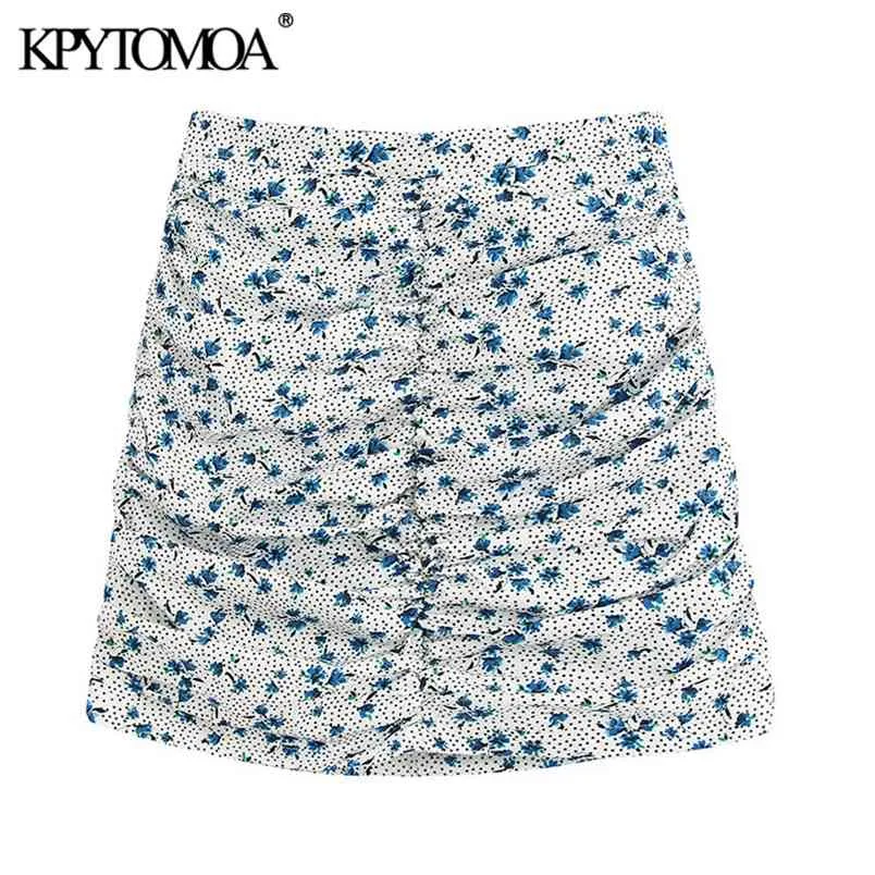 Kvinnor Chic Fashion Floral Print Draped Mini Skirt High Waist Back Zipper Kvinna Kjolar Casual Faldas Mujer 210420