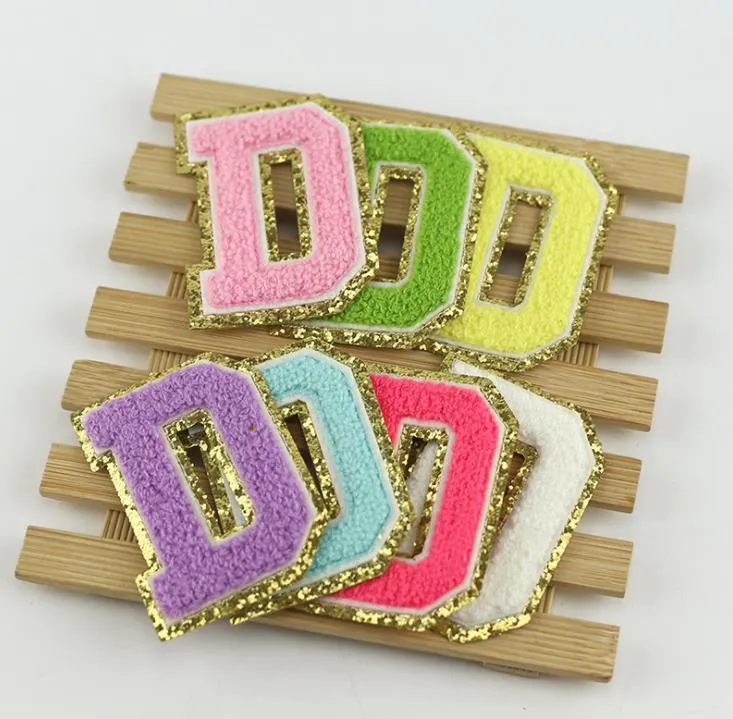 Mix Color Chenille Fabric Gold Glitter Letters Patches Towel Embroidery Rainbow Gritt Alphabet Iron on Lovely Sticker Name Clothing DIY Accessory SN6284