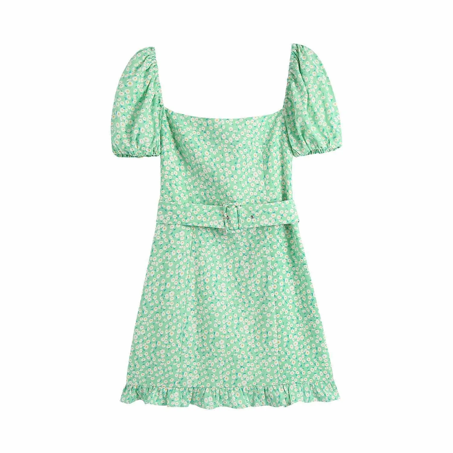Summer Women Floral Printed Dress Belted Short Puff Sleeves elegant Casual Fashion Vintage Woman Short Sundress 210709