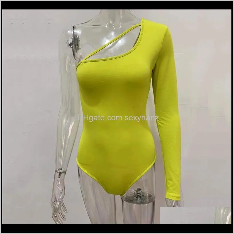 bkld black one shoulder bodysuit women 2020 sexy backless autumn fashion womens clothes long sleeve bodycon neon green bodysuit1