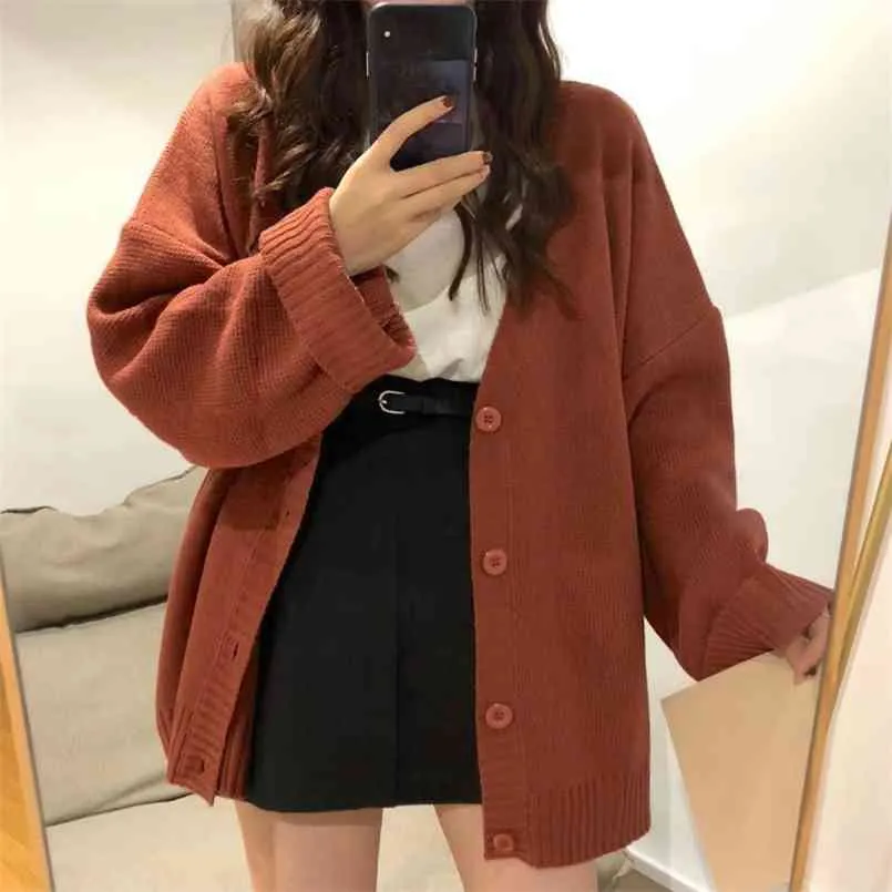 Cardigan Women Full Sleeve V-neck Solid Button Oversize Retro Lazy Students Korean Style Fashion All-match Simple Sweater Female 210914