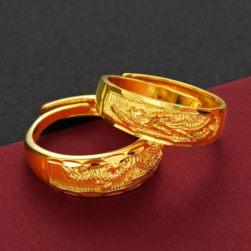 Wedding Rings Fashion Vietnam Sand Gold Jewelry Brass 24k Gold-plated Dragon Phoenix Open Ring Men And Women Couple