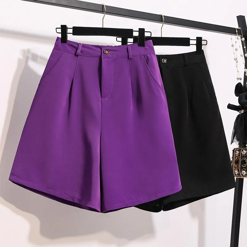 Pantalones cortos de pierna ancha de cintura alta para mujer, pantalones cortos holgados informales de moda de verano, traje con cinturón morado de talla grande