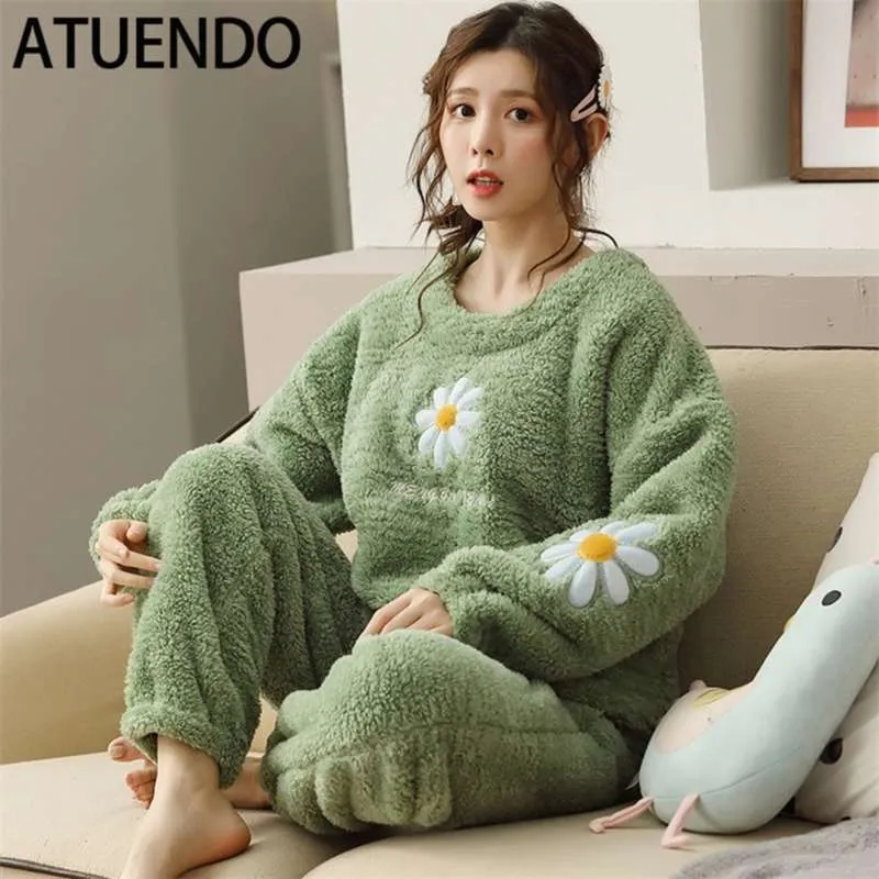 ATUENDO Winter-Pyjama-Sets aus warmer grüner Seide für Damen, 100 % Samt, Atoff Home Flanell-Nachtwäsche, modische Satin-weiche Plüsch-Nachtwäsche 210928
