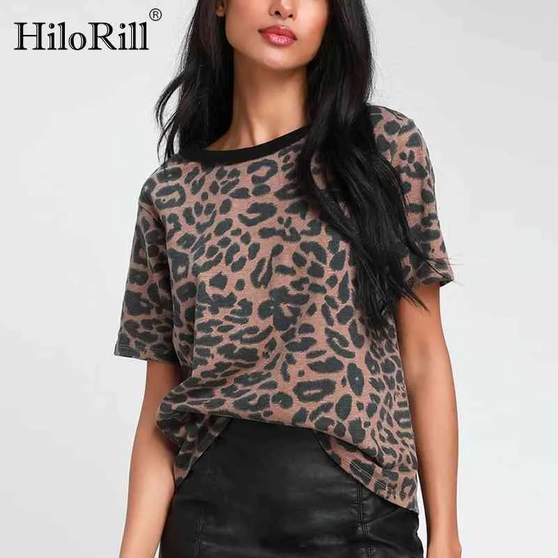 夏の女性Leopard Tシャツoネックファッション女性Tシャート半袖緩いホームレディースティートップスMujer Camisetas S-XL 210508