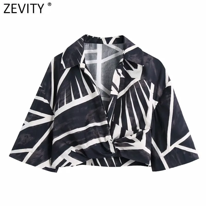 Women Vintage Black White Tie Dyed Printing Hem Knot Short Smock Blouse Female Kimono Shirts Chic Crop Blusas Tops LS9239 210416