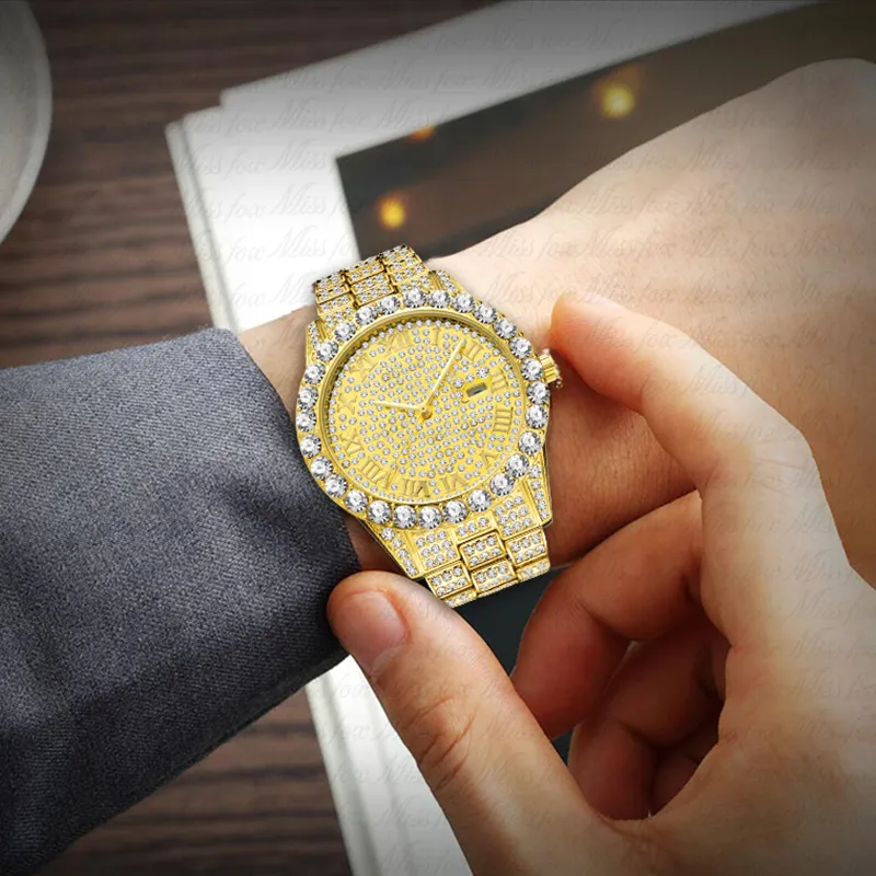 Men's Watch Gold Diamond Blue Dial Numerals Iced Out Top Calendar Waterproof Wristwatch
