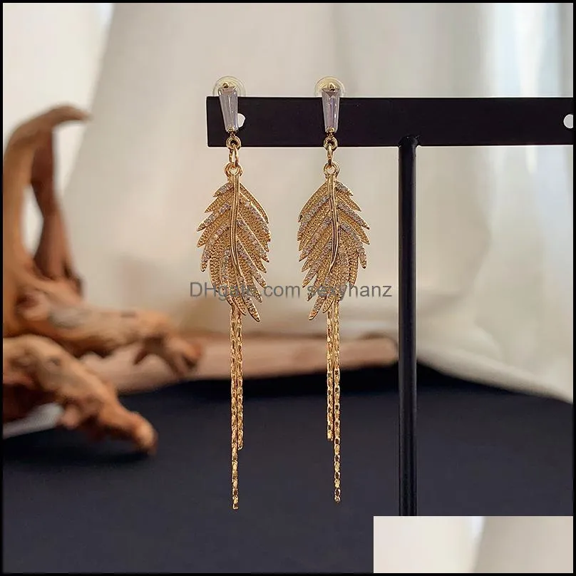 Exquisite Design Gold Color Leaf Tassel Drop Earrings for Women Korean Micro Pave Zircon Earring Bohemia Jewelry Accessories