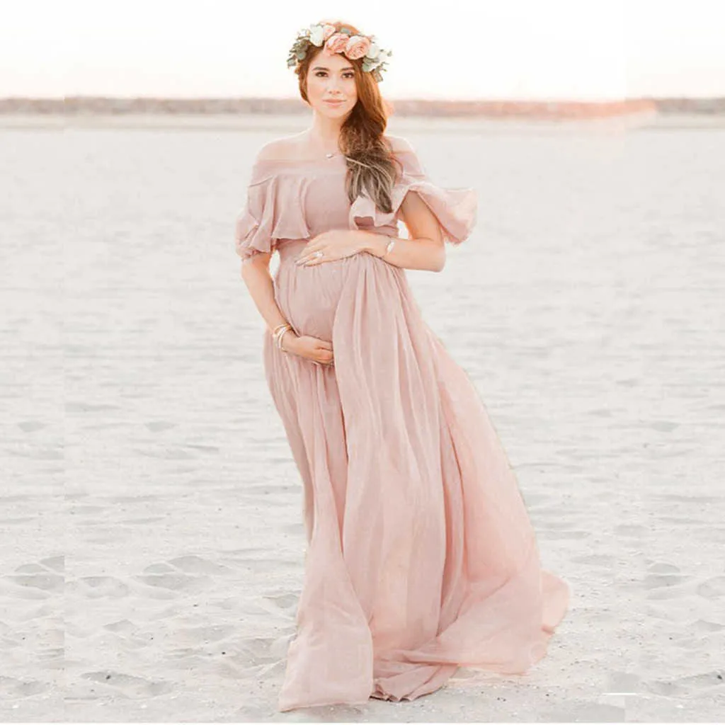 flowy maternity dresses for photos Momyknows Bow Flutter Sleeve Solid V-neck Flowy Beach Cute Photoshoot Baby Shower Maternity Maxi Dress Rust Red / L