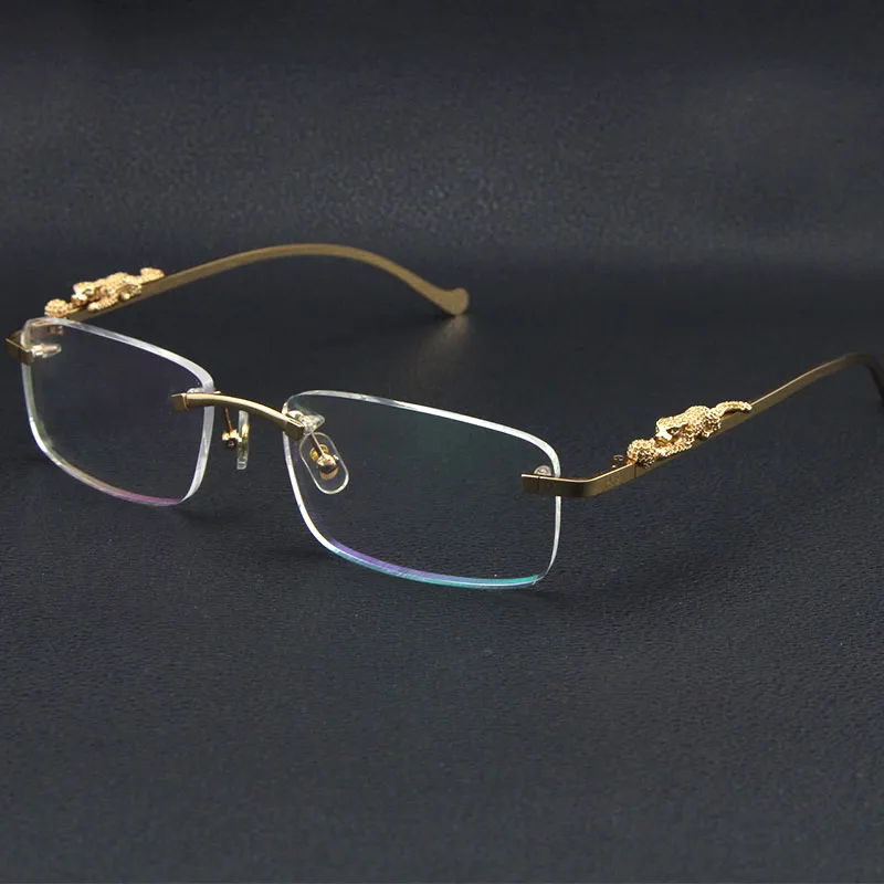 Randlose Leoparden-Serie Brillen Damenmode Sonnenbrillen Edelstahl Cat Eye Brillen Große quadratische Gläser mit Box C Dekoration 18 Karat Gold für Männer und Frauen
