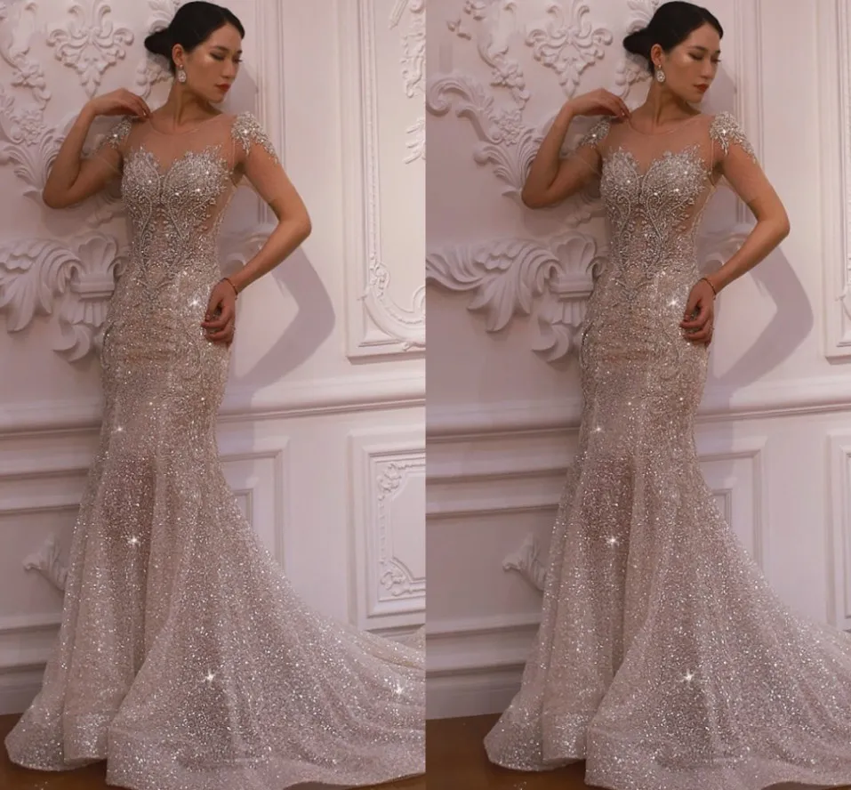 Luxury Arabic Dubai Mermaid Wedding Dresses Train Heavy Beading Sequin Illusion Sleeevs Bridal Dress vestido de noiva robe de mariee 2022