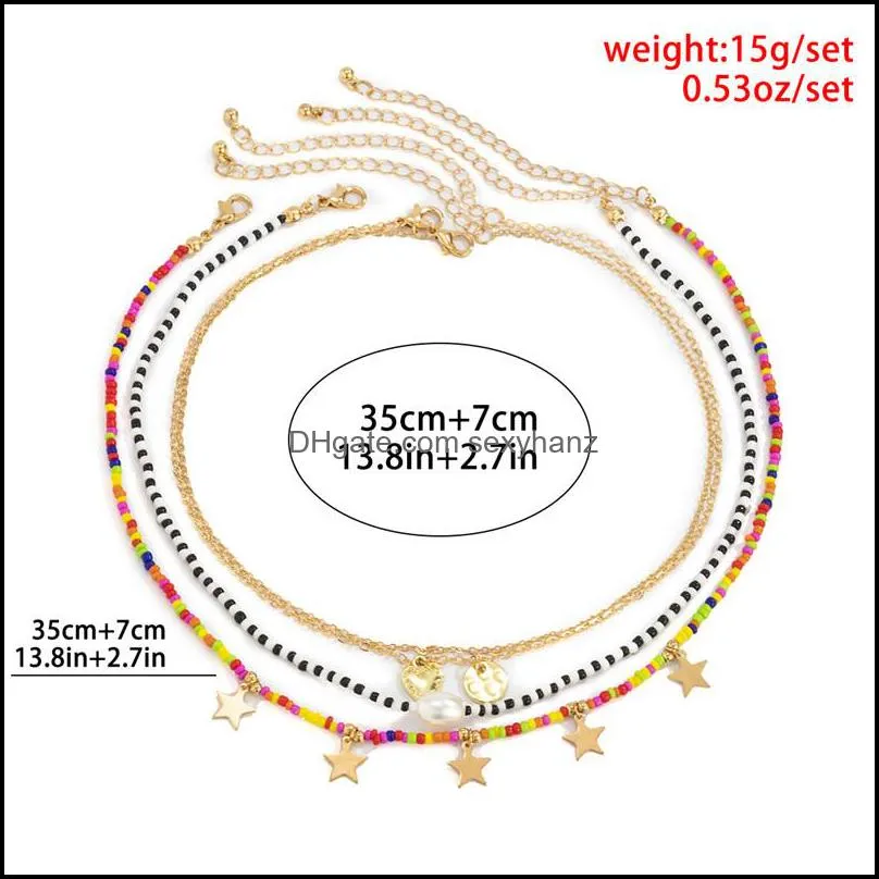 Bohemian Colorful Rice Beads Star Pendant Necklaces Hip Hop Pearl Heart Circle Tassel Clavicle Chain Women Multi Layer Thin Gold Necklace Jewelry