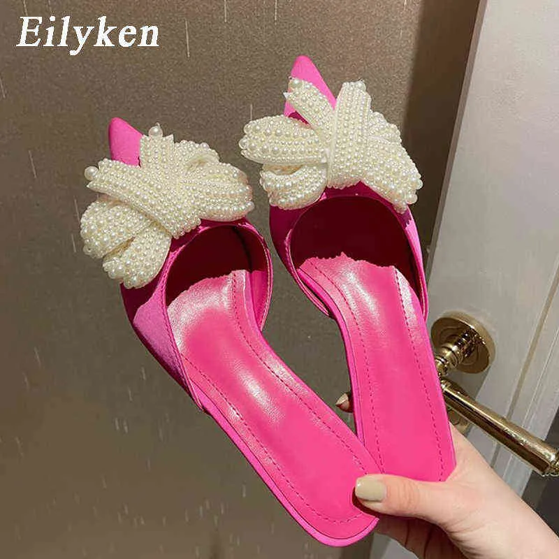 Slippers Eilyken Fashion New Silk Women Slipper Slides Pointed Toe Slip on Mules Shoes String Bead Low Heel Ladies Sandals Spring220308