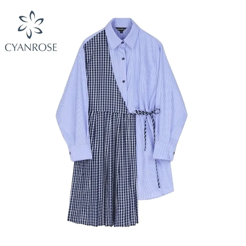 Mode chemise robe femmes automne coréen décontracté coton a-ligne faux deux pièces dames robes à manches longues vêtements 210515