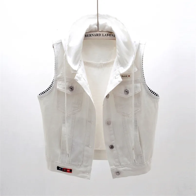 Przypadkowe kamizelki z kapturem biały kamizelki dla kobiet koreańskiej kurtki bez rękawów kobiet ropy rozmiar kamizelka wiosna płaszcz Gilet Colete 210817