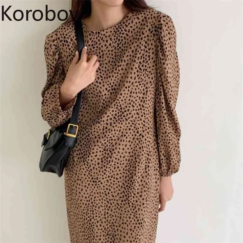Korobov New Chic Elegant O Neck Dress Korean Vintage Love Print Long Sleeve High Waist Dresses Autumn Winter Vestidos 210430