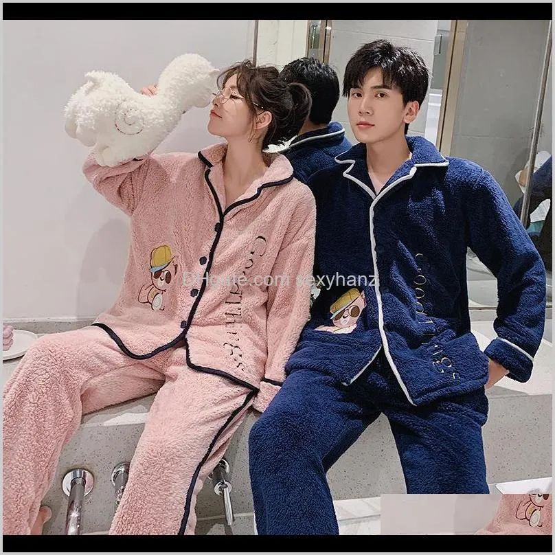 couple 2pcs cute cartoon bear print pajamas set winter casual letter home wear loose shirt&pant nightwear flannel warm sleepwear1