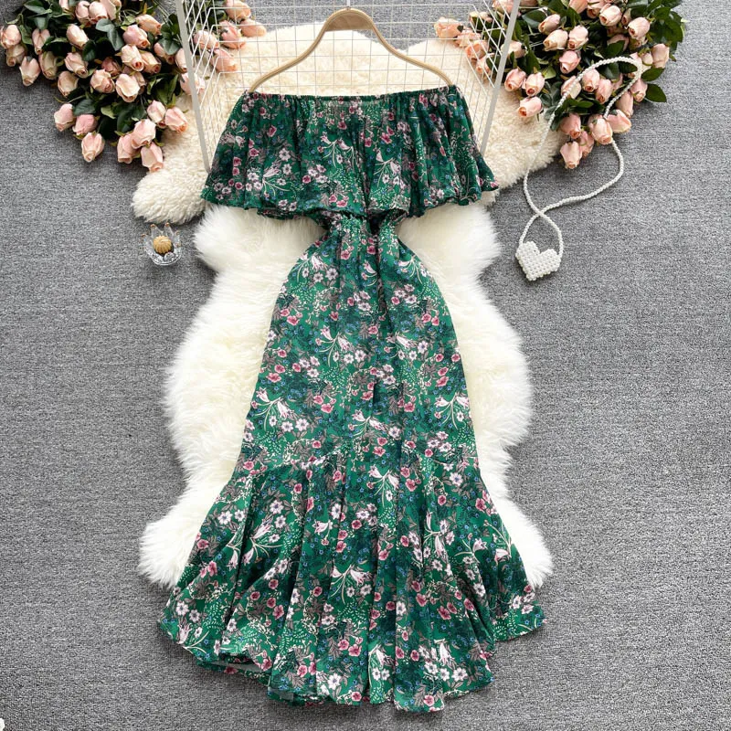 Singreiny Women Off Shoulder Floral Dress Sexig Slash Neck A-Line Ruffle Sundress Summer Bohemian Print Vacation Midi Dresses 210419