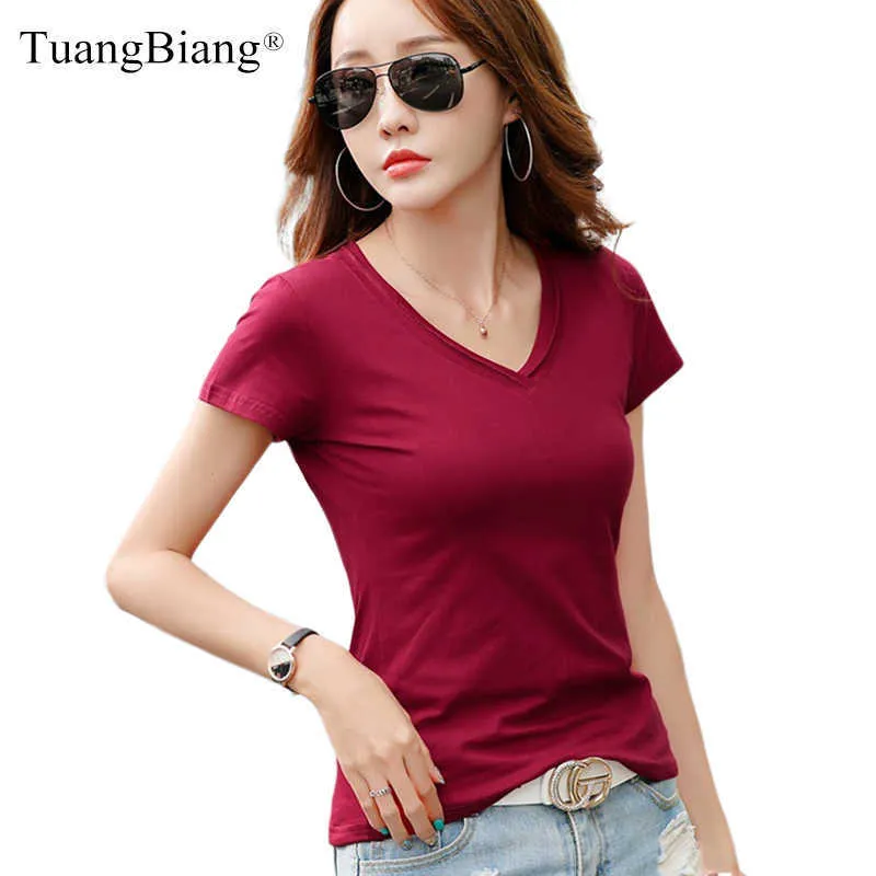 2021 Summer Cuffs V-Neck Short Sleeve Cotton T-Shirts Women Solid Color Burgundy T Shirts Lady Slim Soft Red Green Fashion Tops X0628